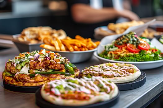 Delicious chicken shawarma pitas with fresh vegetables and fries being prepared in restaurant kitchen photo