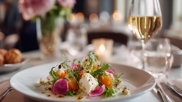 Luxurious dining experience with fresh salad and wine in elegant restaurant setting during evening photo