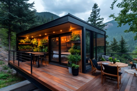 Modern container home overlooking mountain valley at dusk with patio furniture and plants photo