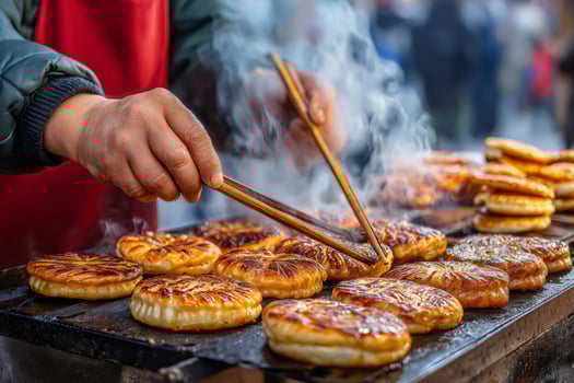 Street food vendor grilling traditional chinese flatbreads on hot plate photo