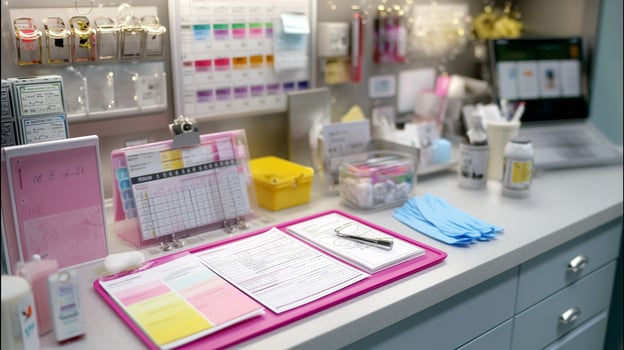 Workspace in a medical office with organized supplies and documentation during daytime hours photo