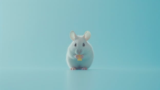 Cute Fluffy White Mouse Eating Cheese on Bright Blue Background, Adorable Rodent Pet with Soft Fur and Whiskers, Captivating Animal Portrait, Copy Space photo