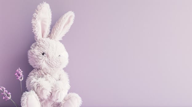 Fluffy Bunny Toy on Soft Purple Background with Lavender Flowers, Cute Plush Rabbit Stuffed Animal, Cozy Easter Decoration, Adorable Kids Gift, Copy Space photo