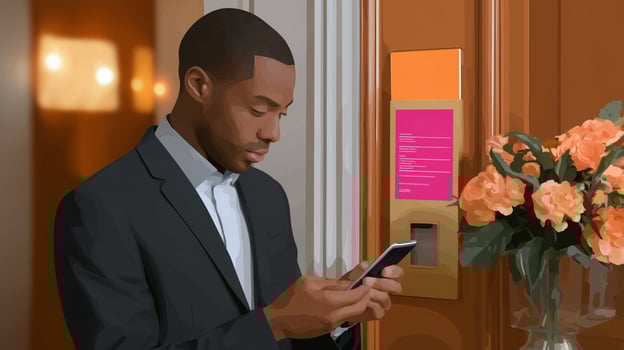 Man in a suit using a smartphone while waiting at a luxury hotel reception area with flowers nearby photo