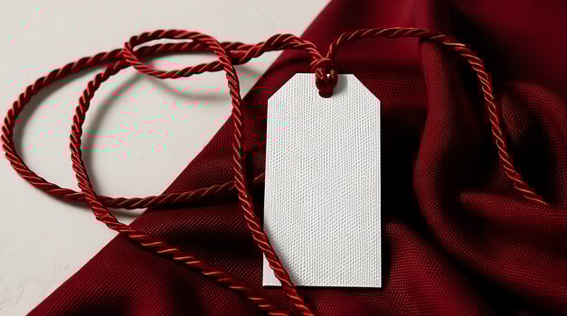 Elegant White Tag with Red Cord on Luxurious Maroon Fabric Background photo