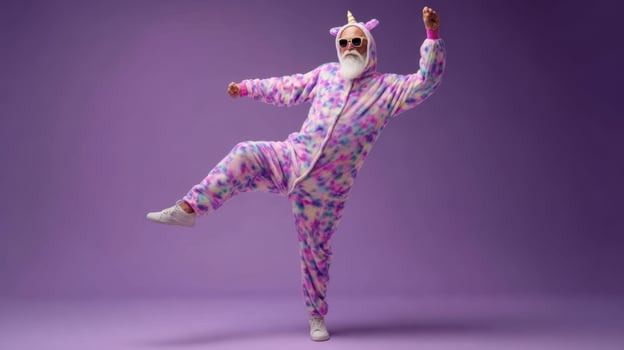 The joyful elderly man dancing in a vibrant unicorn costume against a purple background. photo