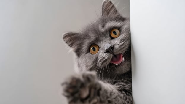 The adorable gray cat playfully peeking around the corner with excitement. photo