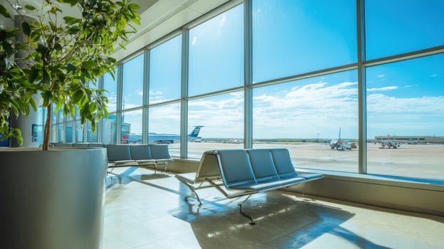 The modern airport terminal with spacious seating and large windows. photo