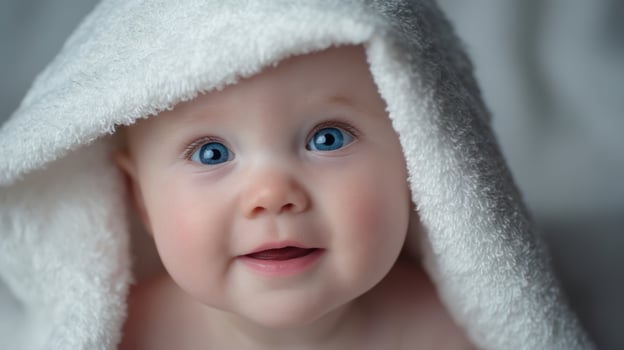 The adorable baby wrapped in a soft towel with captivating blue eyes. photo