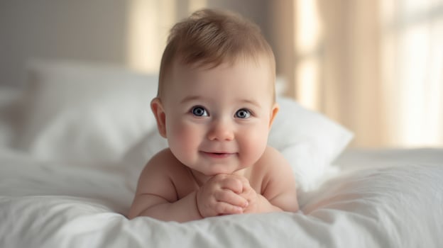 The adorable baby smiling warmly in a cozy bedroom setting. photo