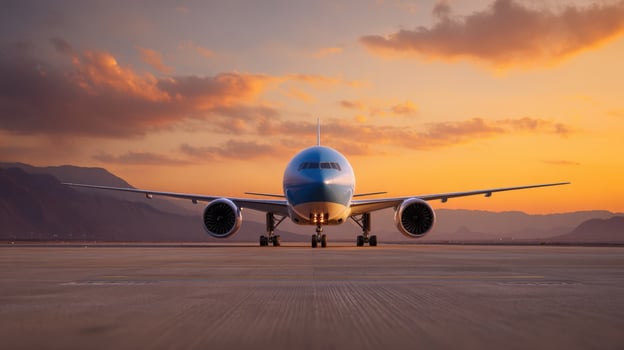 A large airplane sitting on the runway at sunset photo