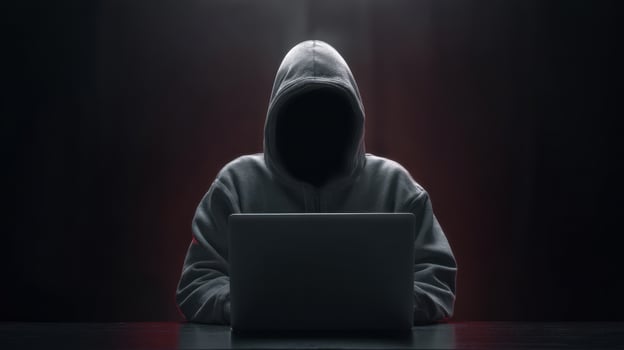 The hooded figure using a laptop in a mysterious dark environment. photo