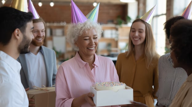 Birthday celebration with friends in a bright, cheerful space, sharing joy and cake surrounded by festive decorations photo
