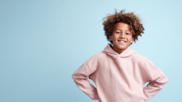 The smiling boy wearing a hoodie against a blue background radiates happiness. photo