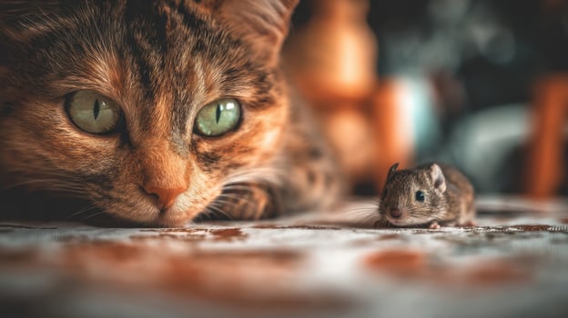 The curious cat and the tiny mouse sharing a moment of wonder. photo