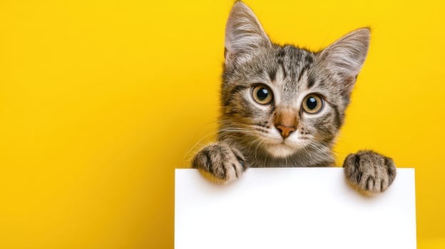 The adorable kitten peeking over a blank sign against a vibrant yellow background photo