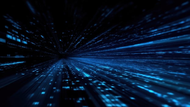 The fast-moving blue light streams in a digital cosmos environment. photo