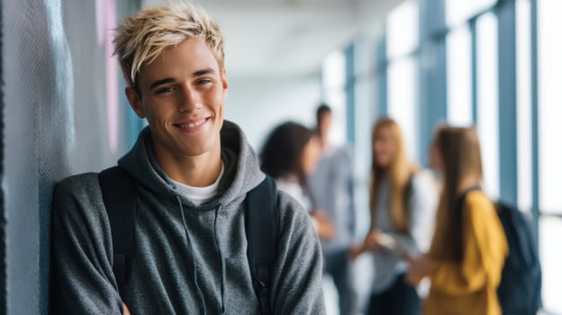 The young man smiling confidently while leaning against the wall in a school hallway. photo
