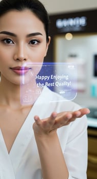 A woman holding a transparent screen with the words happy enjoying the best quality photo