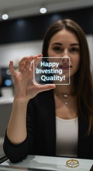Woman holding up happy investing quality sign photo
