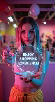 Woman holding a virtual shopping experience sign photo