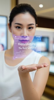 Woman holding a virtual happy customer sign in a store photo