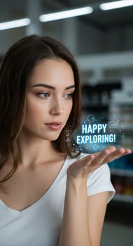 A woman holding up a happy exploring sign photo