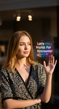 Woman holding up a virtual sign with the word let's talk about discounts photo