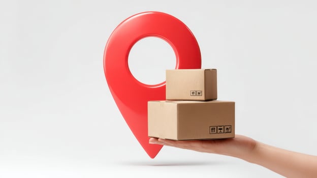 The hand holding cardboard boxes near a large location pin symbol. photo