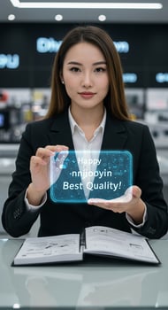 Businesswoman holding up a tablet with the words best quality photo