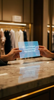 Two people holding up a sign that says we look forward to seeing you photo