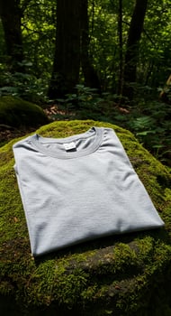 A gray t - shirt sitting on a rock in the woods photo