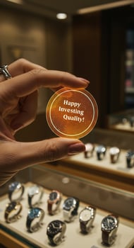 A person holding up a happy birthday card in front of a display of watches photo