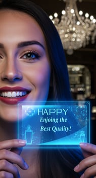 A woman holding up a sign that says happy enjoying the best quality photo