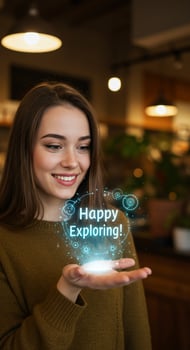 Happy woman holding a glowing happy exploring text photo