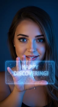 Happy discovering woman holding virtual screen with text happy discovering photo