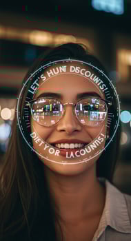 Woman wearing glasses with a digital face photo