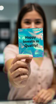 A woman holding up a happy invest in quality sign photo
