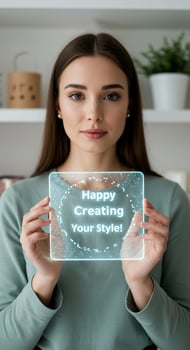 A woman holding a happy creating your style sign photo