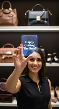 Happy changing the world - woman holding up a smartphone with a happy changing the world message photo