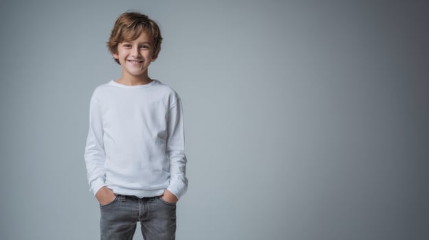 The cheerful boy with a bright smile in casual attire. photo