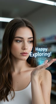 A woman holding up a happy exploring text photo