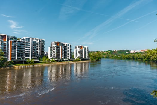 Prague, Czech republic - September 20, 2024. Marina Island apartment buildings, panoramic view photo