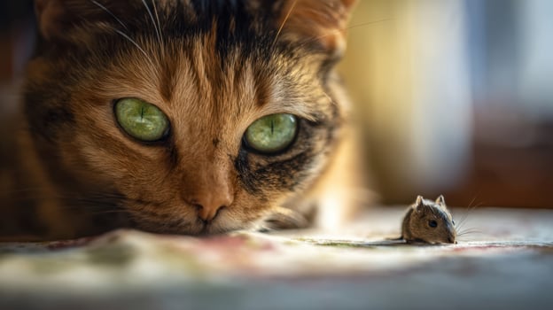 The Curious Cat Observing a Small Mouse on a Table photo