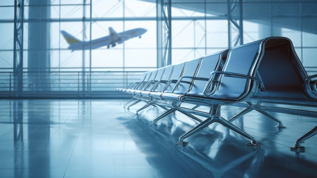 The serene airport terminal with sleek seating and an airplane in flight. photo