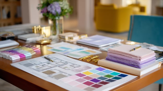 Creative workspace filled with color swatches, design plans, and stationery materials during the daytime photo