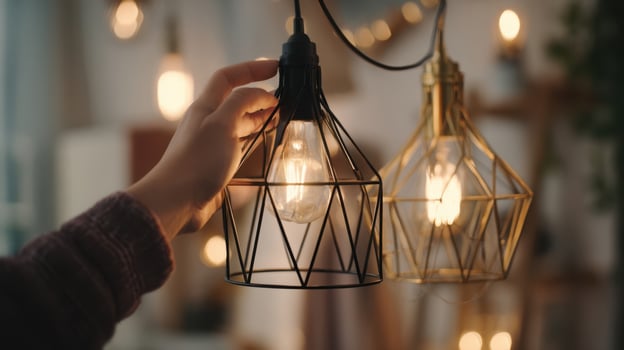 The hand adjusting tasteful pendant lights in a cozy interior setting. photo