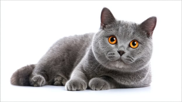 The adorable gray British cat with bright orange eyes lounging peacefully. photo