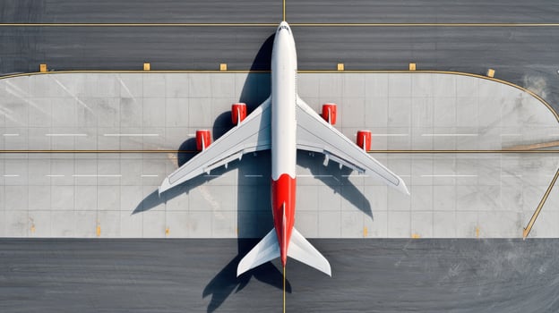 The airplane parked on the runway viewed from above showcasing modern aviation design. photo
