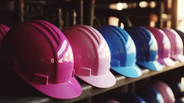 The colorful array of hard hats ready for construction site safety. photo